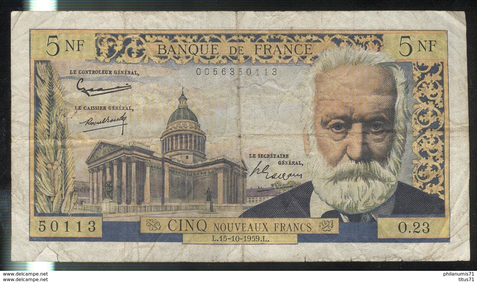 Billet 5 NF Nouveaux Francs France Victor Hugo 15-10-1959 - 5 NF 1959-1965 ''Victor Hugo''