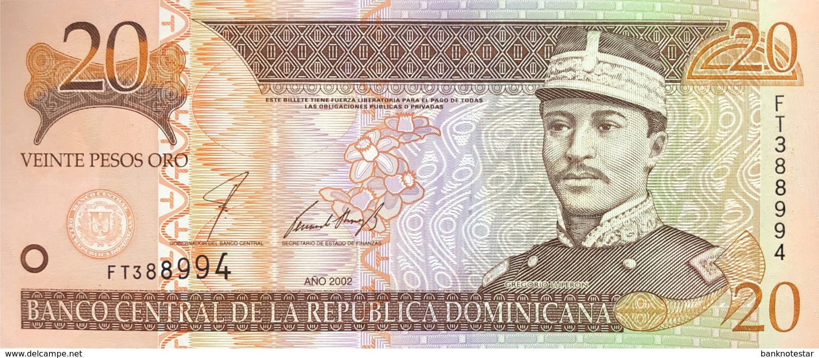 Dominican Republic 20 Pesos, P-169b (2002) - UNC - Dominicaine