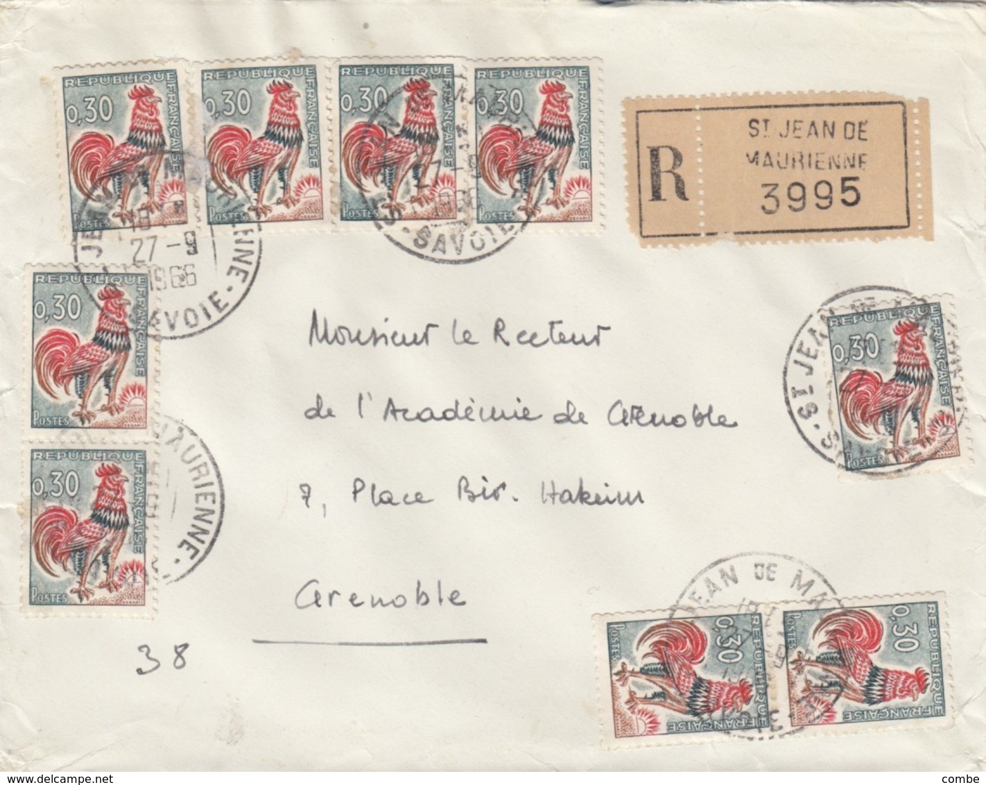 LETTRE.  27 9 66. RECOMMANDÉ. COQ DECARIS 0,30 X 9. SAVOIE ST JEAN DE MAURIENNE  POUR GRENOBLE.   / 3 - 1962-1965 Coq De Decaris