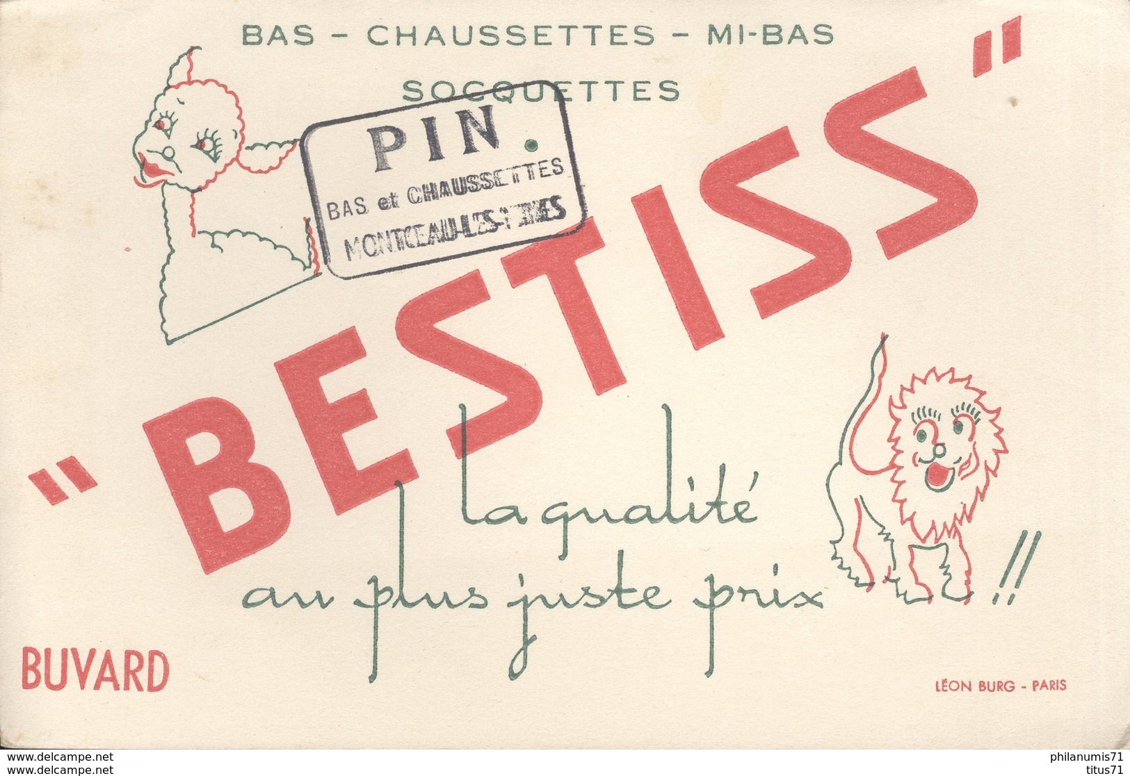 Buvard  Bestiss - Bas Chaussettes Mi Bas Socquettes -Tampon Pin Montceau Les Mines - Très Bon état - Textile & Vestimentaire