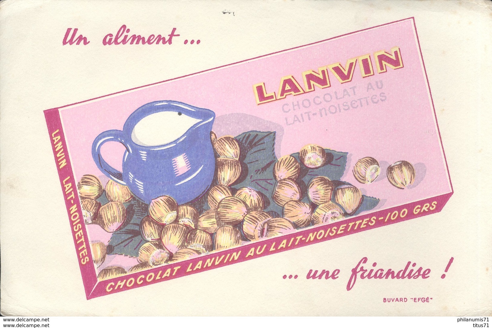 Buvard  Chocolat Lanvin Au Lait Noisettes - Un Aliment Une Friandise - Bon état - Chocolat