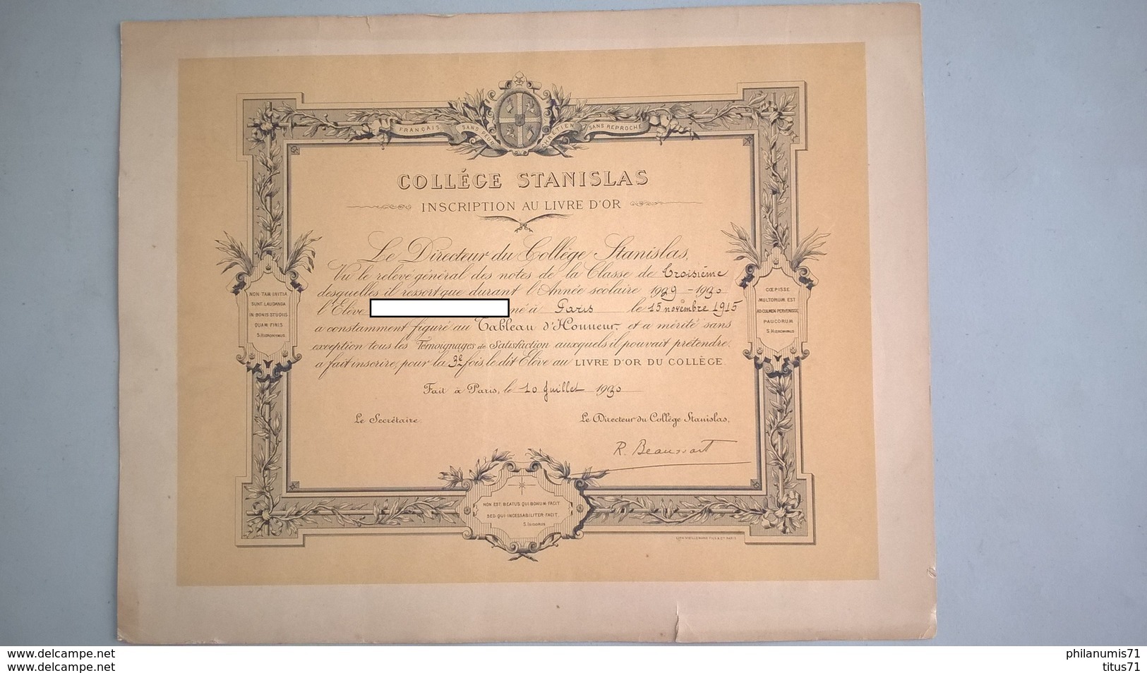 Diplôme Inscription Au Livre D'Or - Collège Stanislas - Paris 1930 - Diplômes & Bulletins Scolaires