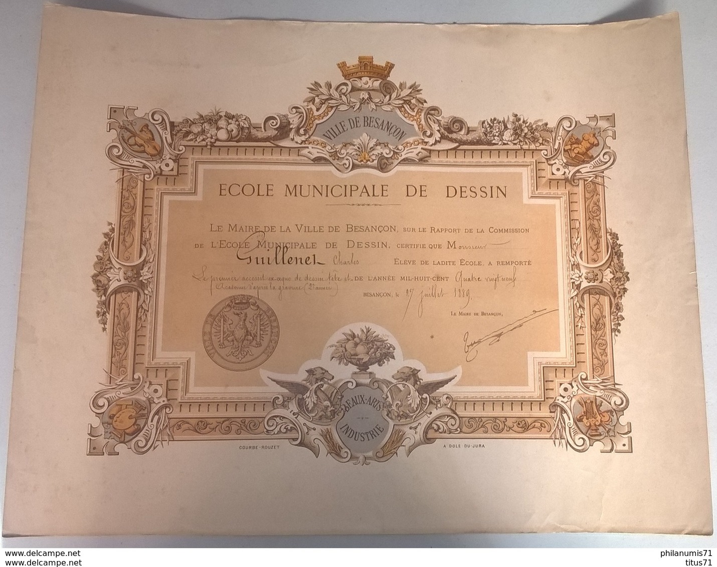 Diplôme Ecole Municipale De Dessin De Besancon - 1889 - 1er Accessit De Dessin Tête - 38 X 48 Cm - Pas De Pliure - Diplômes & Bulletins Scolaires