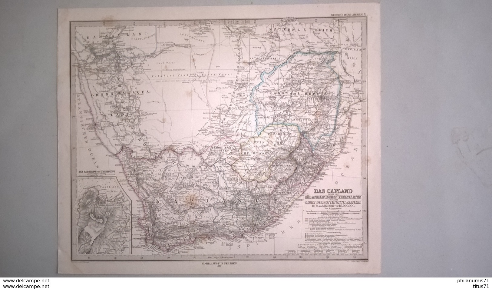 Carte Etats Libres Afrique Du Sud - Editeur Justus Perthes  1876 - Stieler's Hand Atlas N° 72 - 38 X 45 Cm - Pas De Pli - Mapas Geográficas