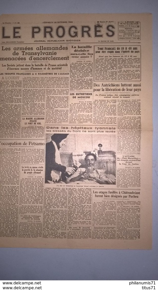 Journal Le Progrès 20 Octobre 1944 -  N° 30.074 - Authentique - 1 Feuille Recto-Verso - Autres & Non Classés