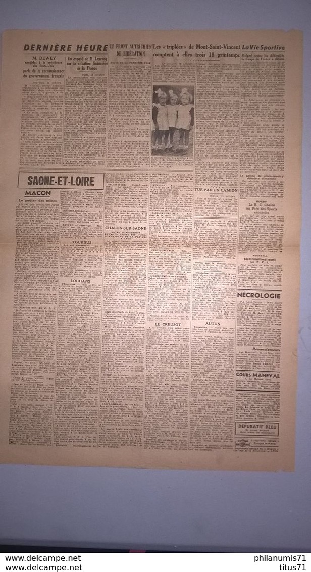 Journal Le Progrès 20 Octobre 1944 -  N° 30.074 - Authentique - 1 Feuille Recto-Verso - Autres & Non Classés