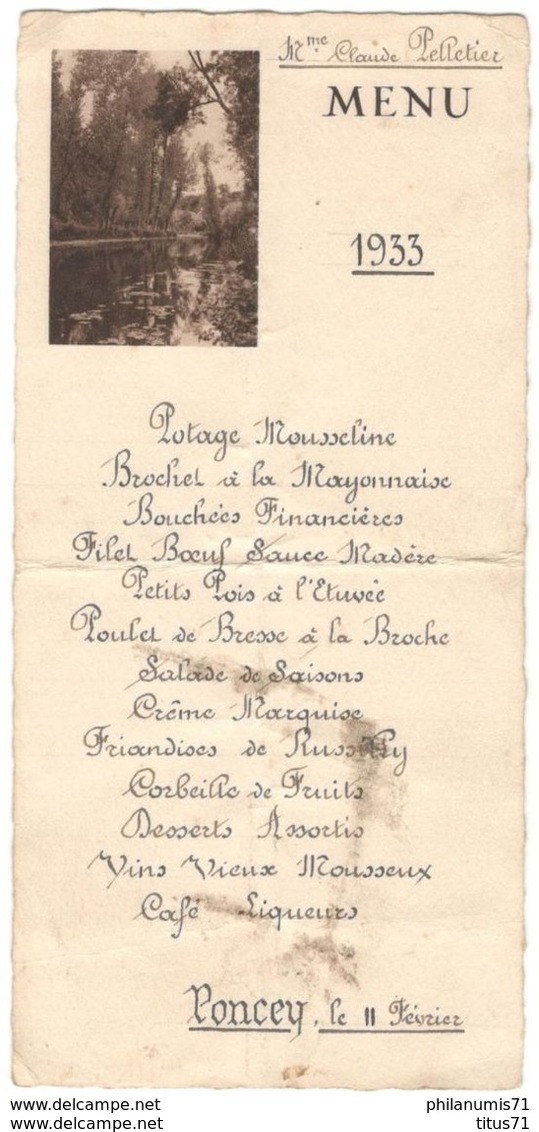 Menu Poncey - 11 Février 1933 - Menus