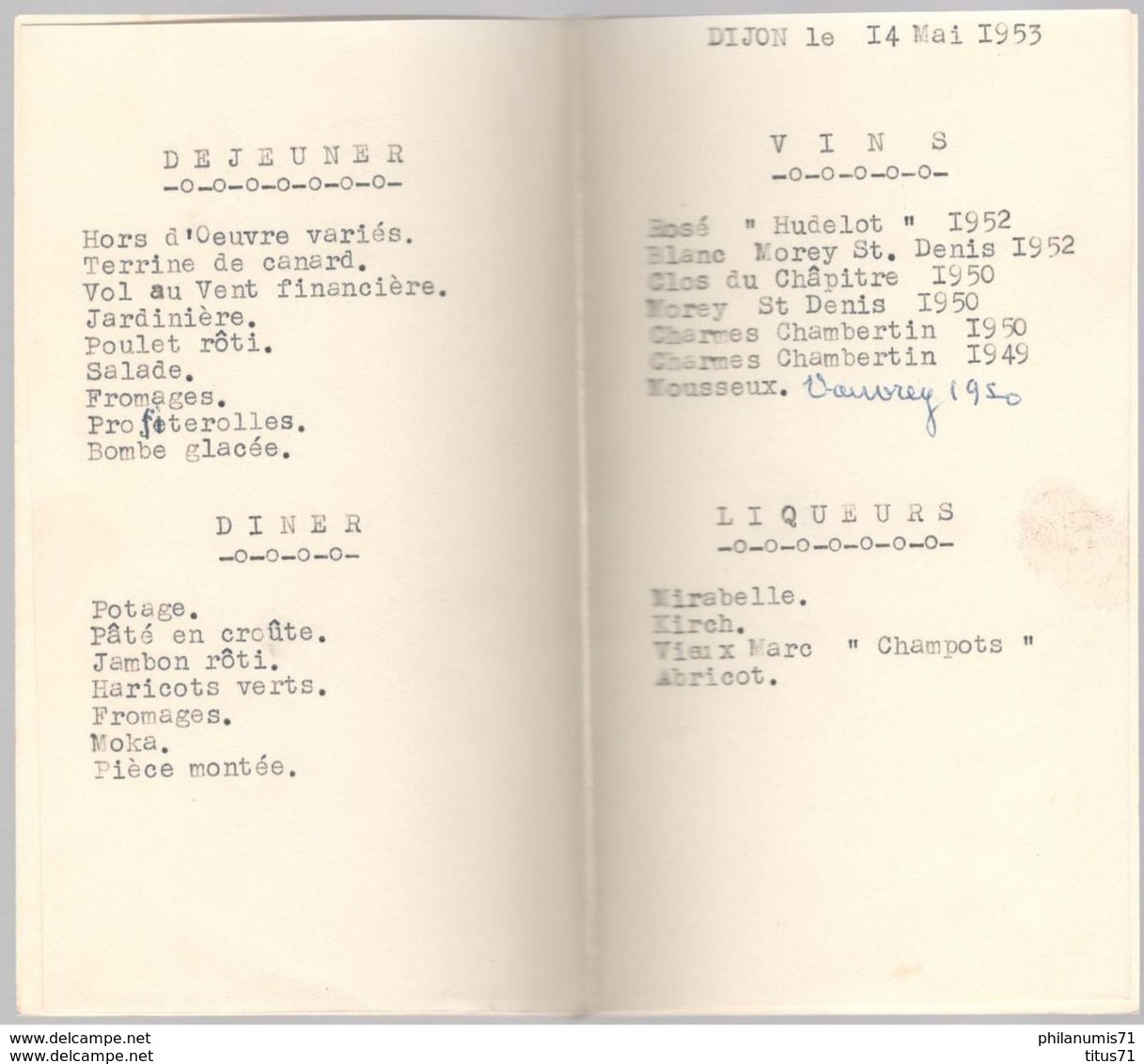 Menu De 1ère Communion - Dijon 14 Mai 1953 - Menus