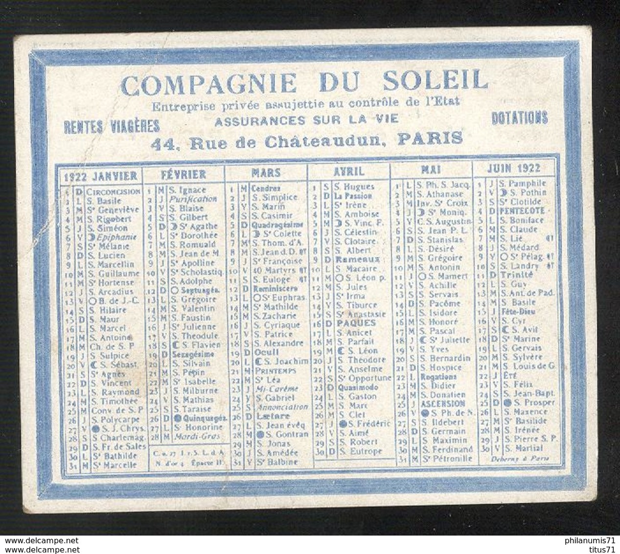 Calendrier Compagnie Du Soleil Assurances 1922 - 7 X 8,5 Cm - Formato Piccolo : 1921-40