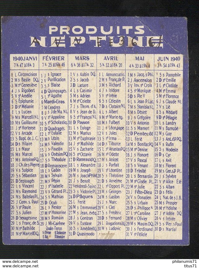 Calendrier Produits Neptune 1940 - 7,5 X 9 Cm - Petit Format : 1921-40