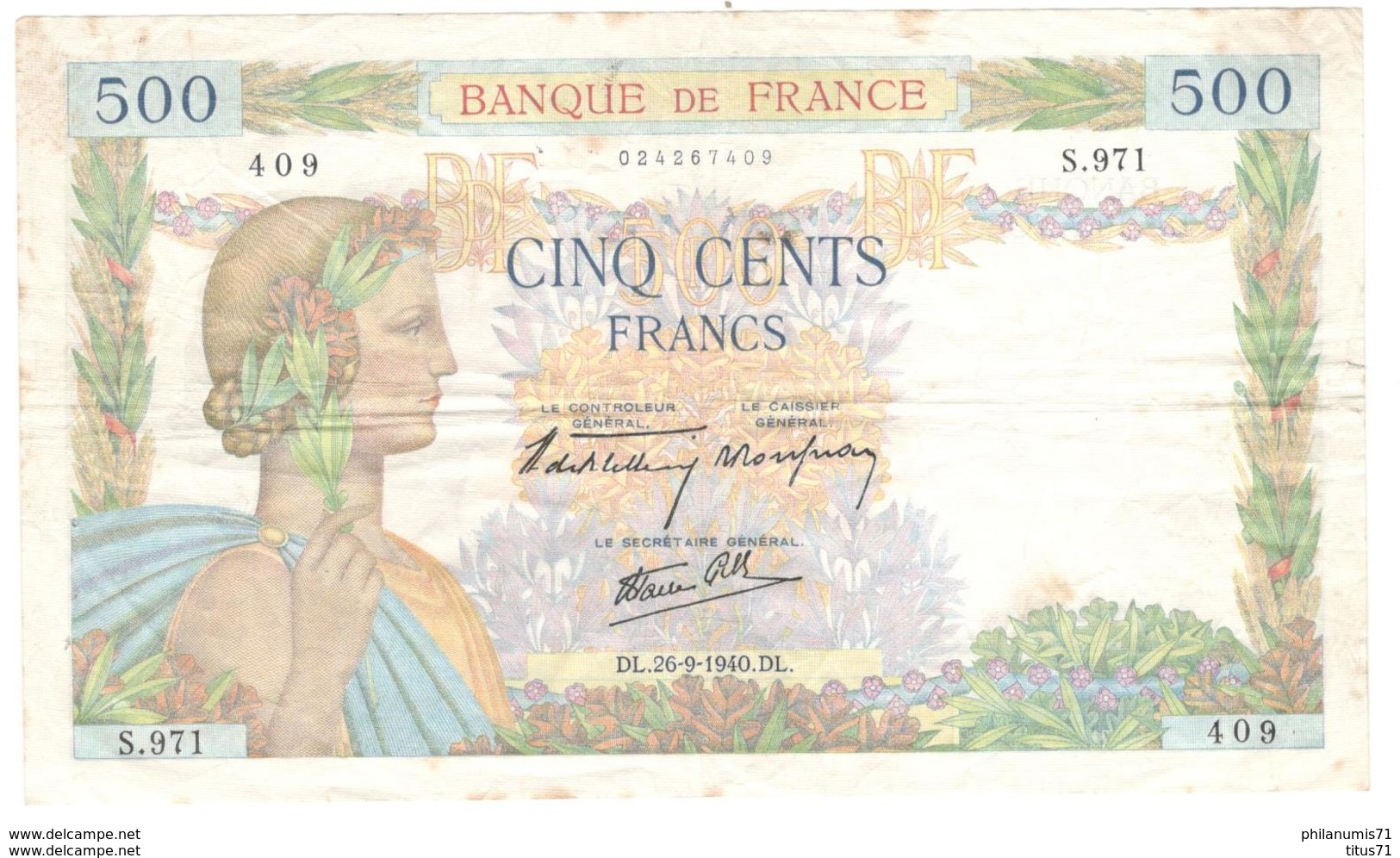 Billet De 500 Francs France La Paix 26-9-1940 - 500 F 1940-1944 ''La Paix''