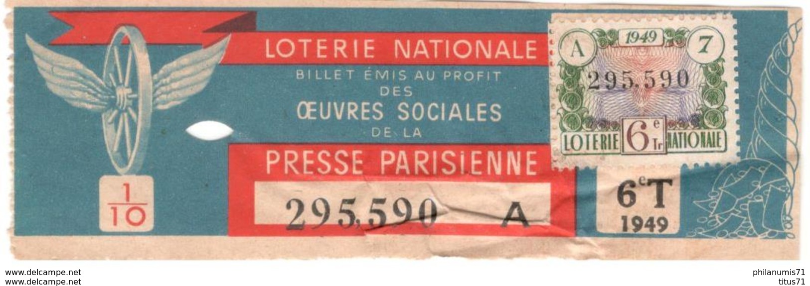 Billet De Loterie - 1/10ème Oeuvres Sociales De La Presse Parisienne - 6ème Tranche 1949 - Etat Moyen - Billets De Loterie