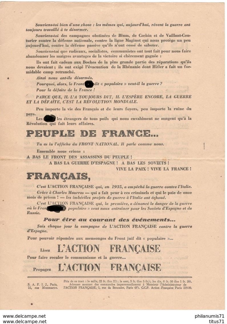 Propagande - Action Française - Alerte ! Ils Veulent La Guerre - Très Bon état - Autres & Non Classés