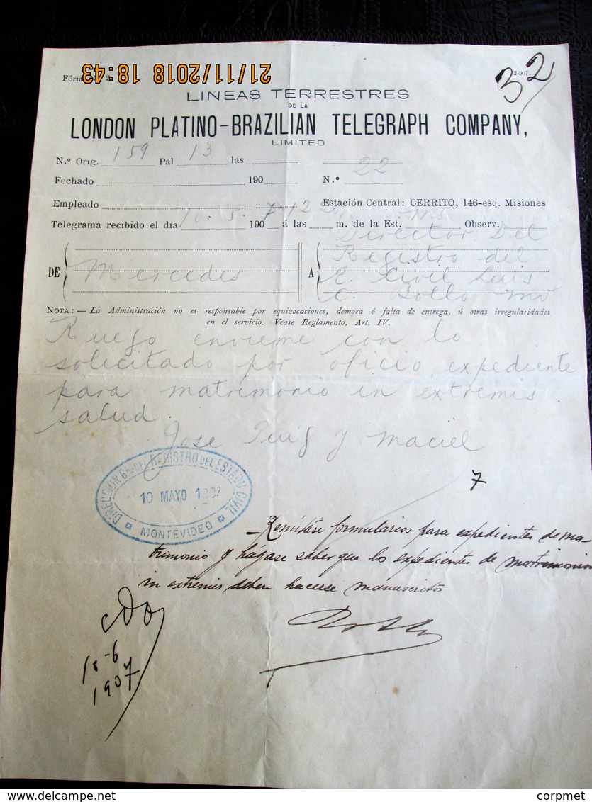 BRASIL -TELEGRAPH 1907 Rare TELEGRAM  Lineas Terrestres De La LONDON PLATINO-BRAZILIAN TELEGRAPH COMPANY Sent In URUGUAY - Documentos Históricos