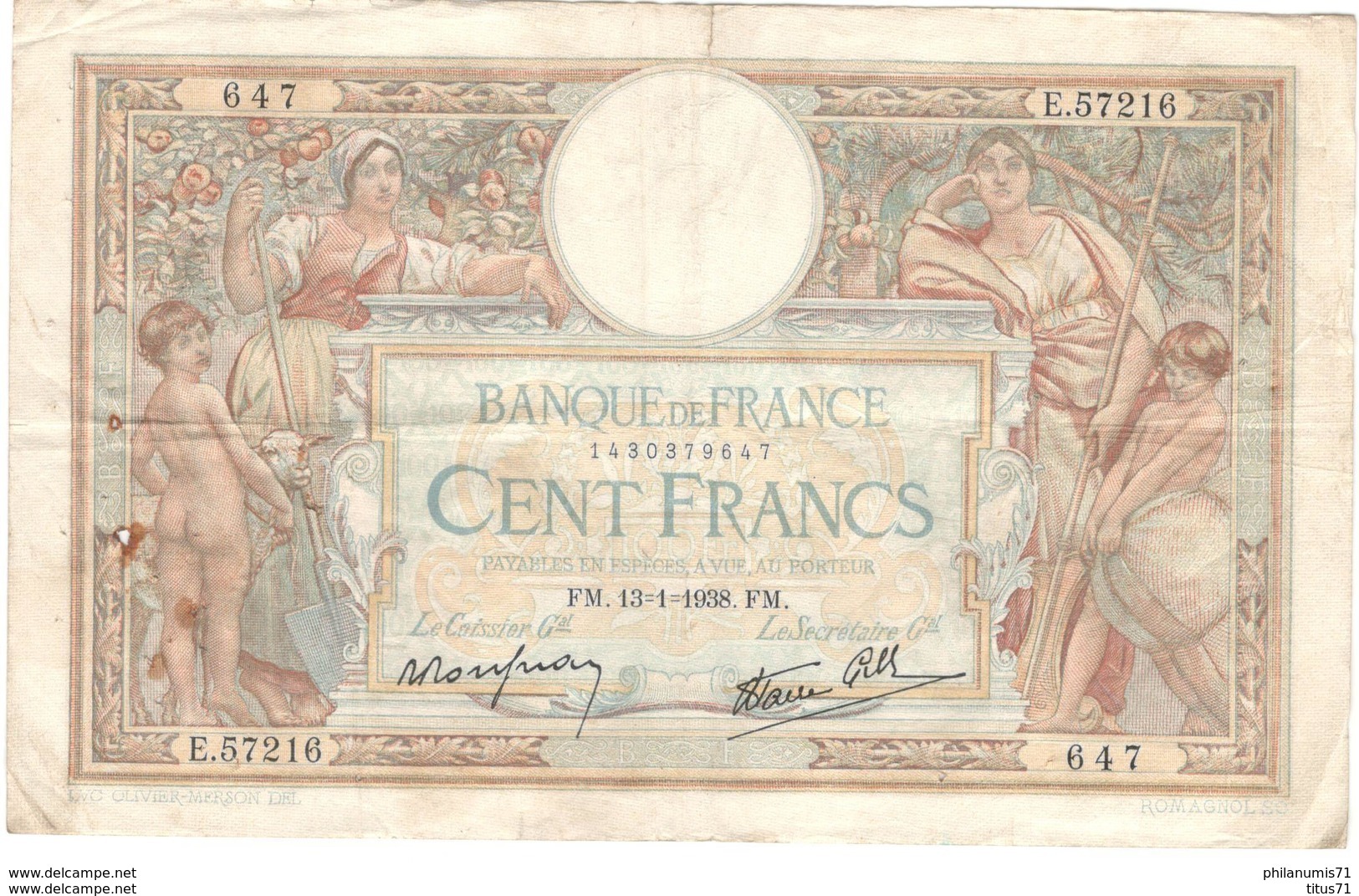 Billet 100 Francs France Merson 13-1-1938 - 100 F 1908-1939 ''Luc Olivier Merson''