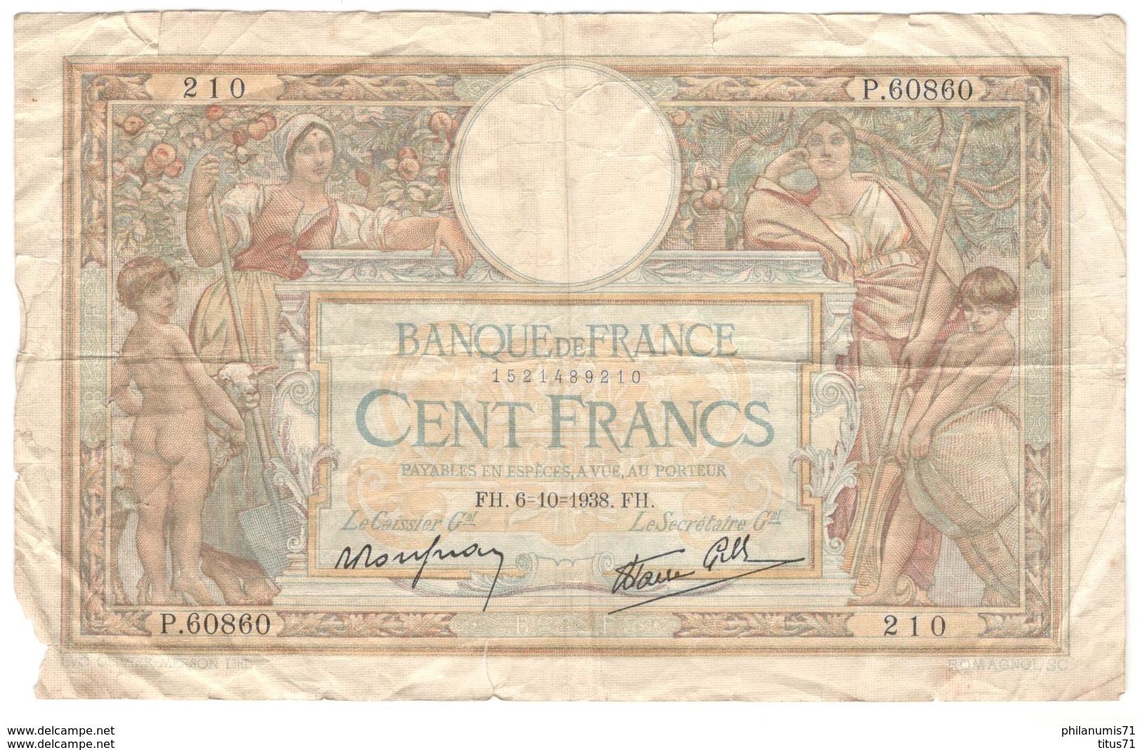 Billet 100 Francs France Merson 6-10-1938 - 100 F 1908-1939 ''Luc Olivier Merson''