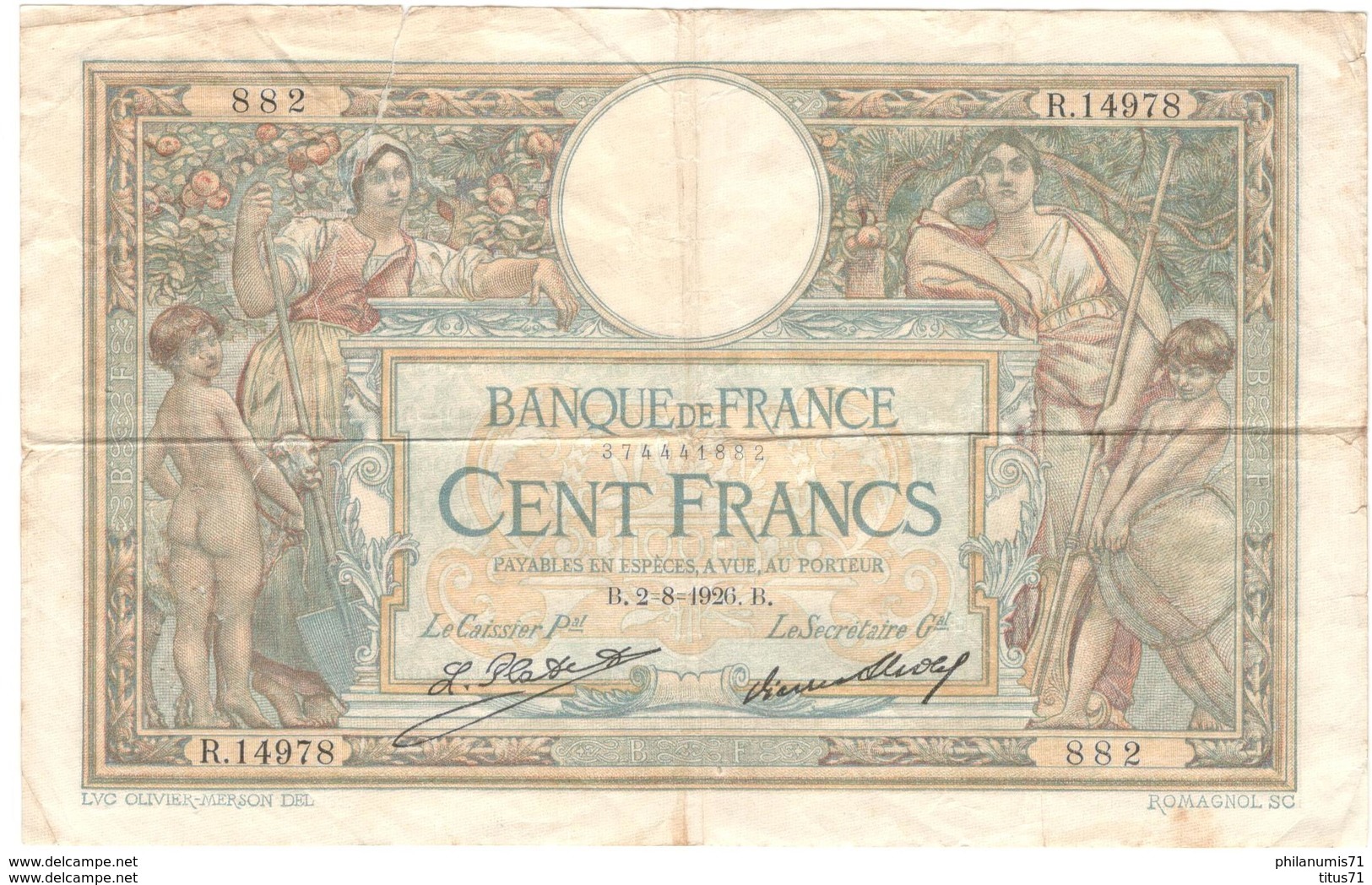 Billet 100 Francs France Merson 2-8-1926 Bon état Général Mais Grande Déchirure De 8 Cm - 100 F 1908-1939 ''Luc Olivier Merson''