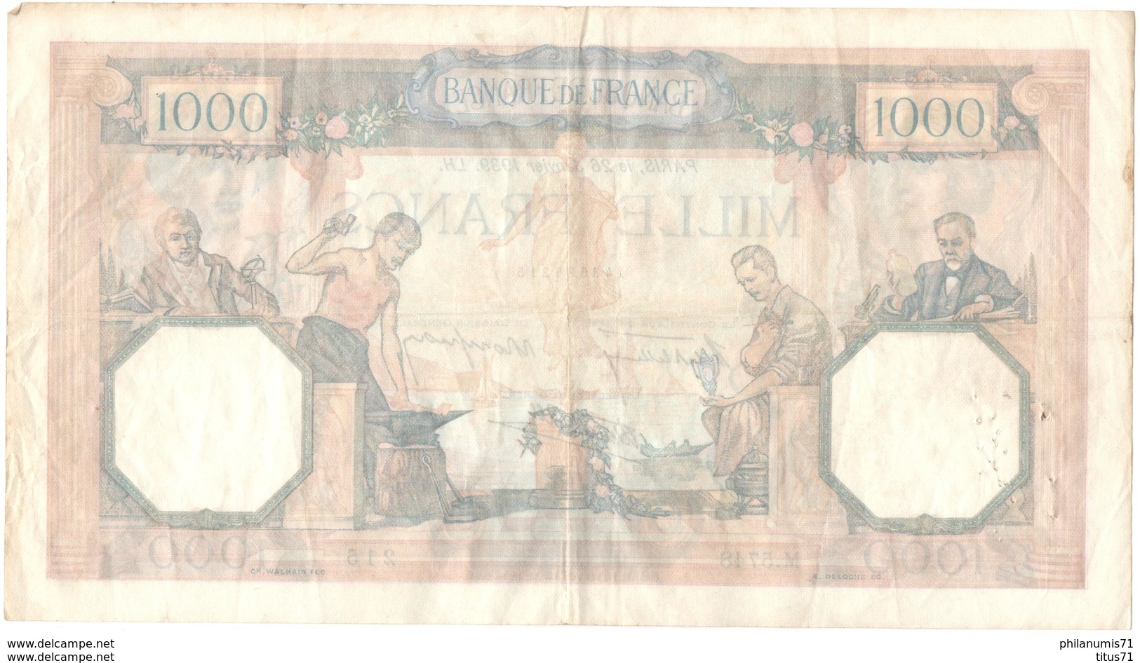 Billet De 1000 Francs 26-1-1939 - 1 000 F 1927-1940 ''Cérès Et Mercure''