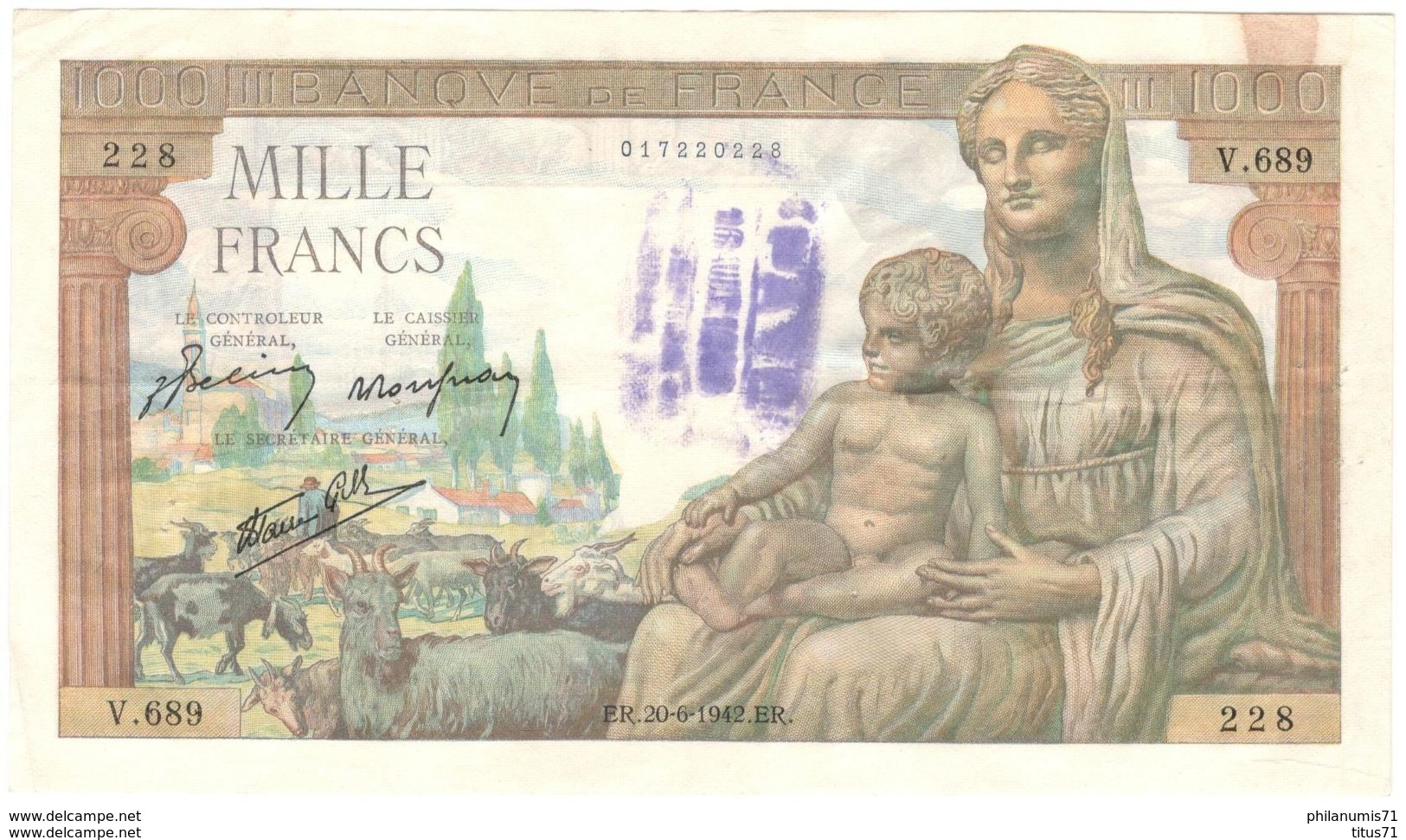 1000 Francs Déméter 20/06/1942 - Tampon Payé à L'encre Bleue ? - 1 000 F 1942-1943 ''Déesse Déméter''