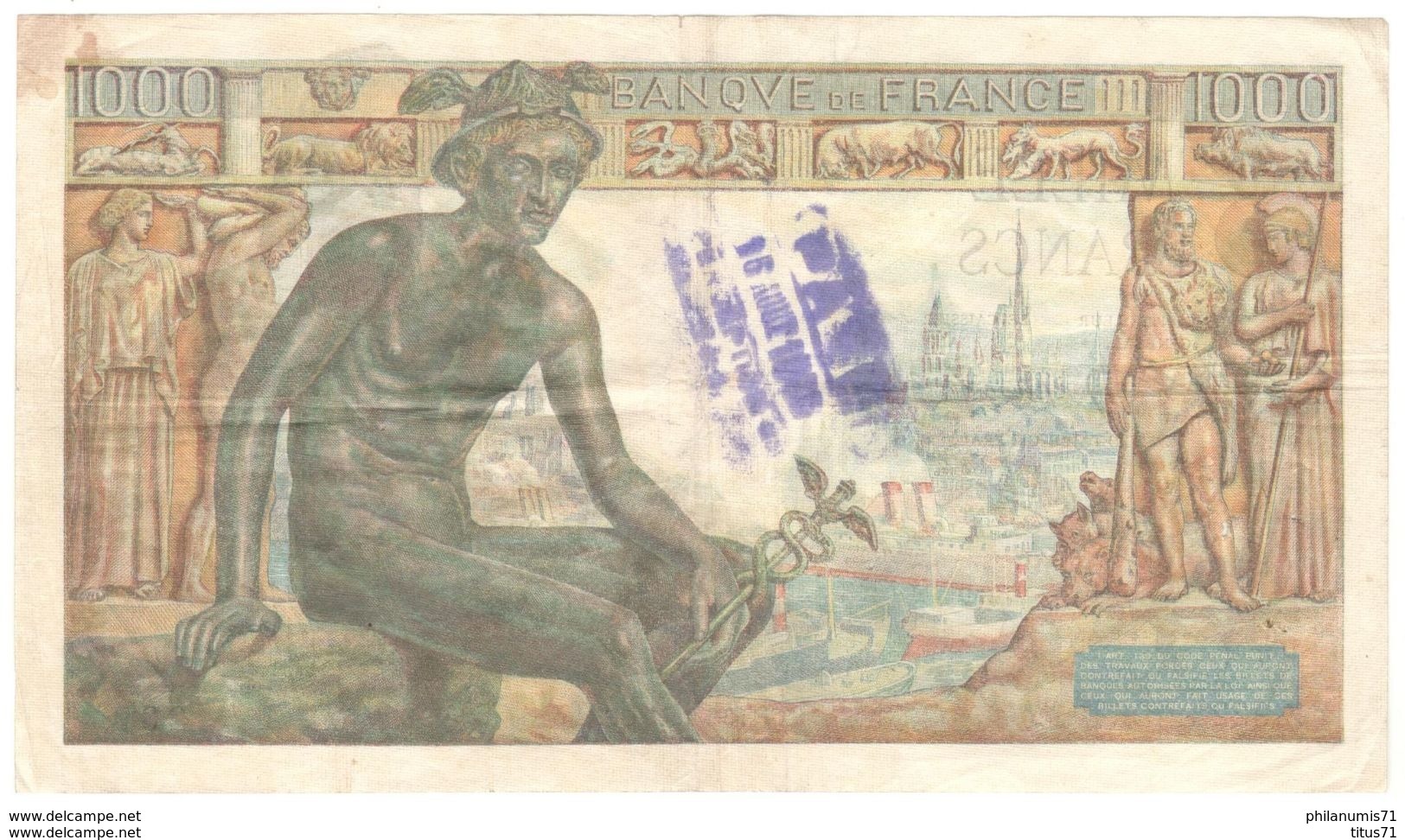 Billet 1000 Francs France Déméter 28/01/1943 - Tampon Payé à L'encre Bleue ? - 1 000 F 1942-1943 ''Déesse Déméter''