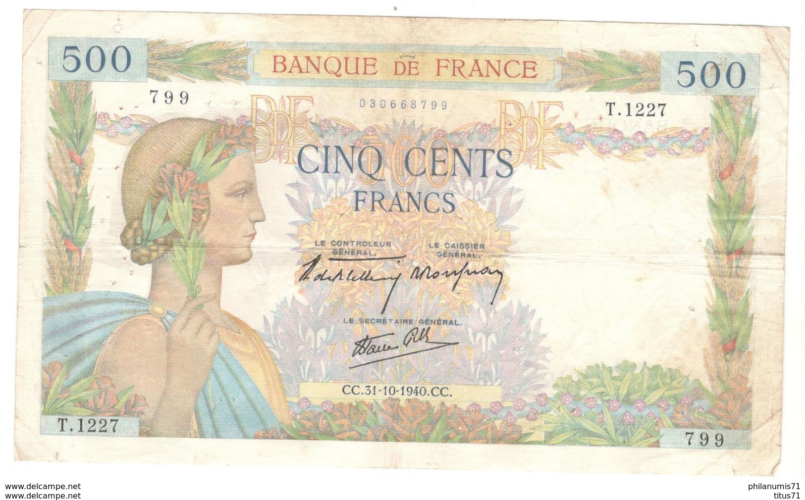 Billet 500 Francs France La Paix 31/10/1940 - 500 F 1940-1944 ''La Paix''