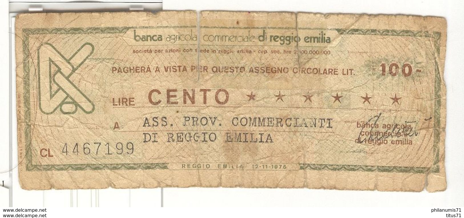 Billet 100 Lires / Cento Lire - Banca Agricola Di ReggioEmilia - Autres & Non Classés