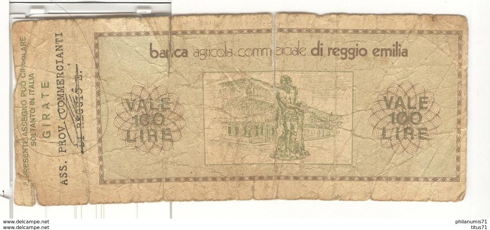 Billet 100 Lires / Cento Lire - Banca Agricola Di ReggioEmilia - Autres & Non Classés