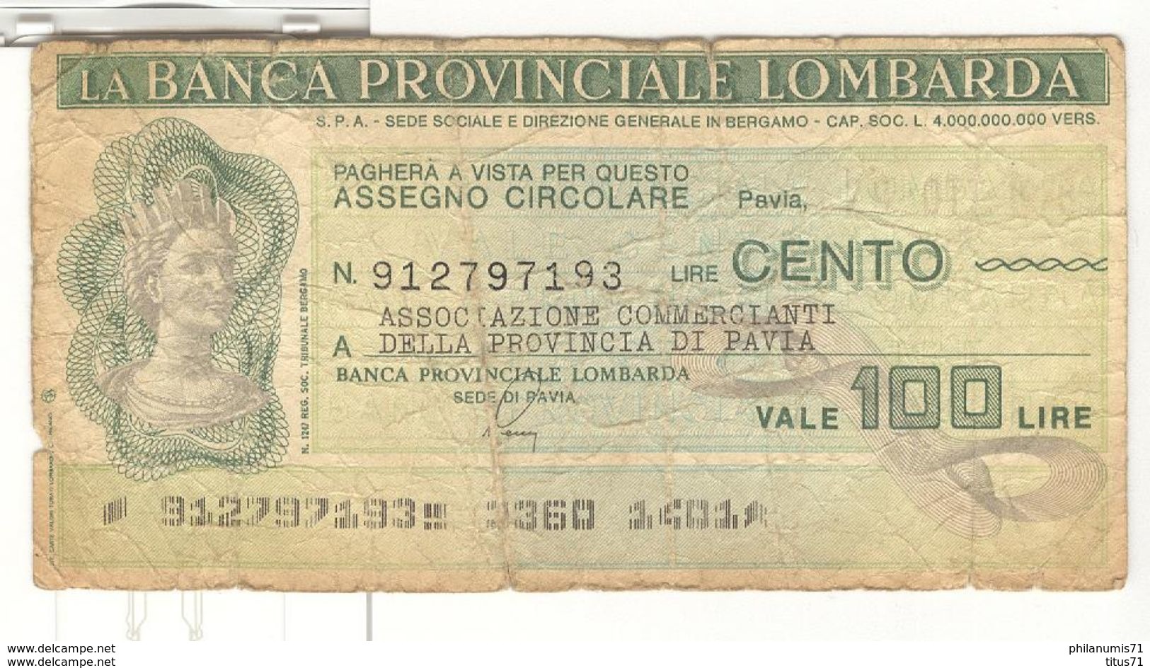 Billet 100 Lires / Cento Lire - Banca Provinciale Lombarda - Pavia - Altri & Non Classificati