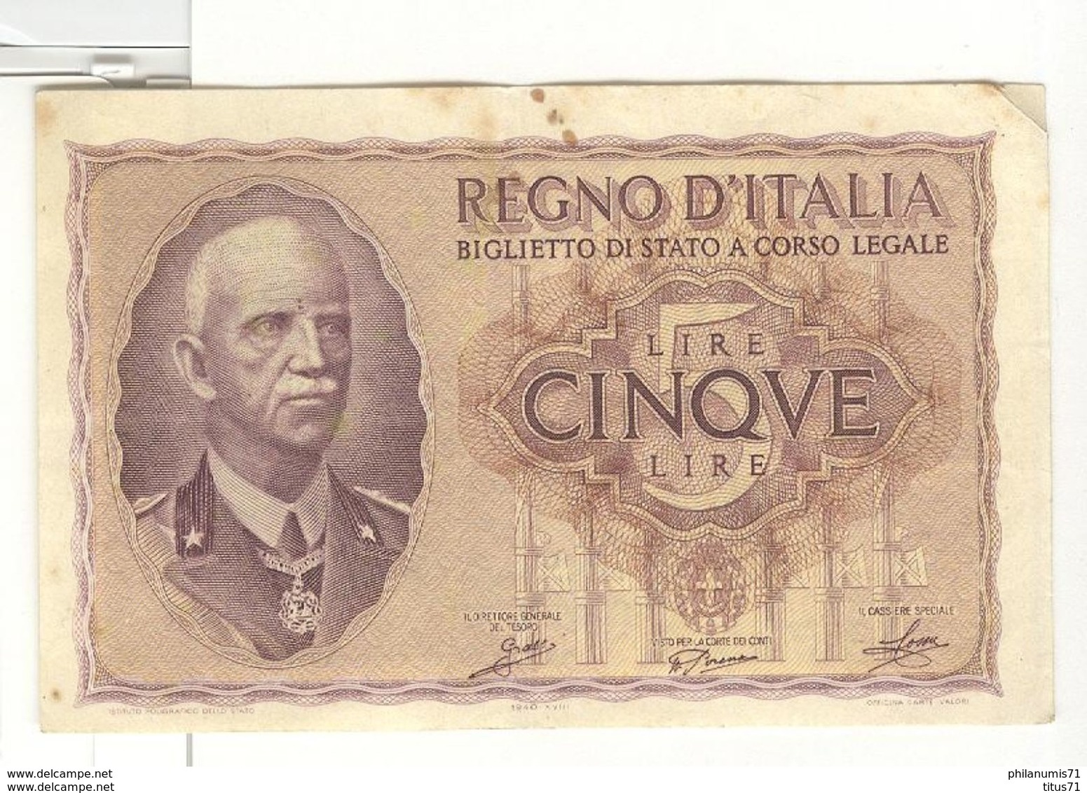 Billet 5 Lires / Cinque Lire - Victor Emmanuel III - Italia – 5 Lire