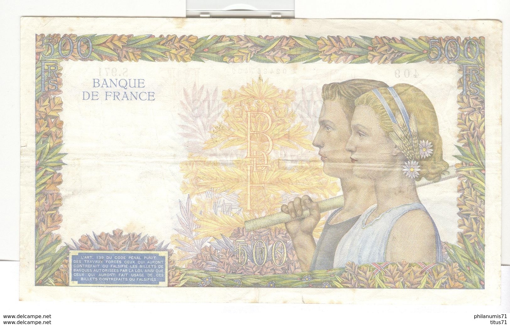 Billet 500 Francs France La Paix 26/09/1940 - 500 F 1940-1944 ''La Paix''