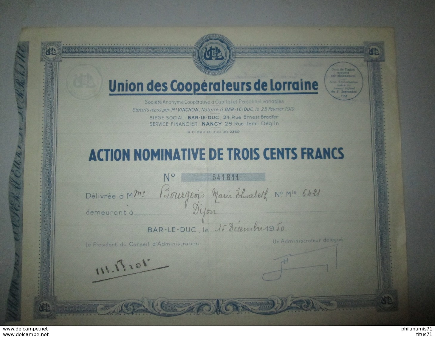 Action Nominative De 300 Francs - Union Des Coopérateurs De Lorraine - 15 Décembre 1950 - Banque & Assurance