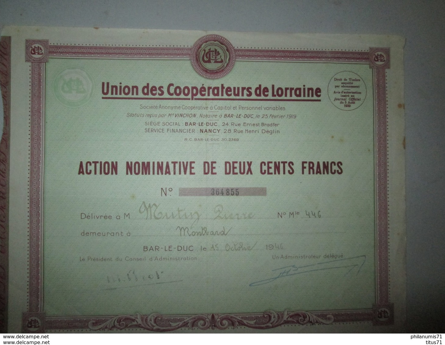 Action Nominative De 200 Francs - Union Des Coopérateurs De Lorraine - 15 Octobre 1946 - Banque & Assurance