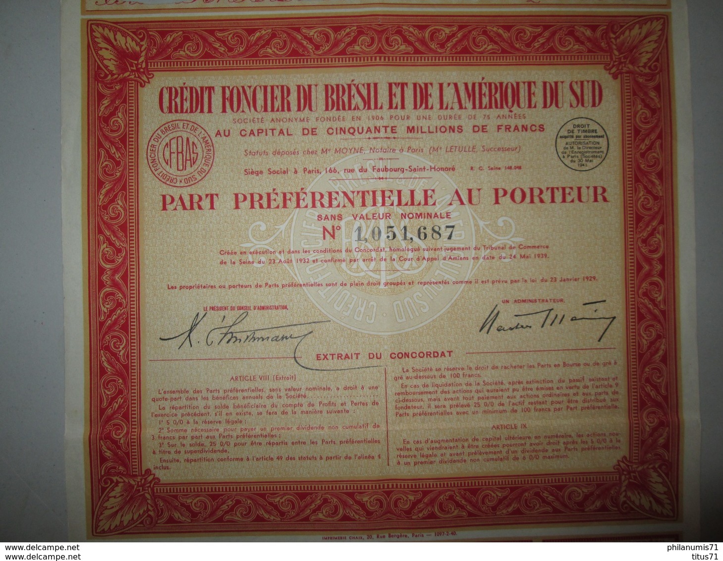 Part Préférentielle Au Porteur - Crédit Foncier Du Brésil Et De L'Amérique Du Sud - 1941 - Banque & Assurance