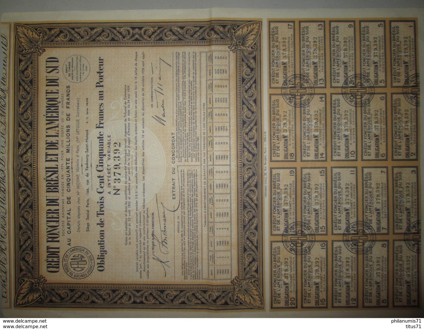 Obligation De 350 Francs Au Porteur - Crédit Foncier Du Brésil Et De L'Amérique Du Sud - 1940 - Banque & Assurance