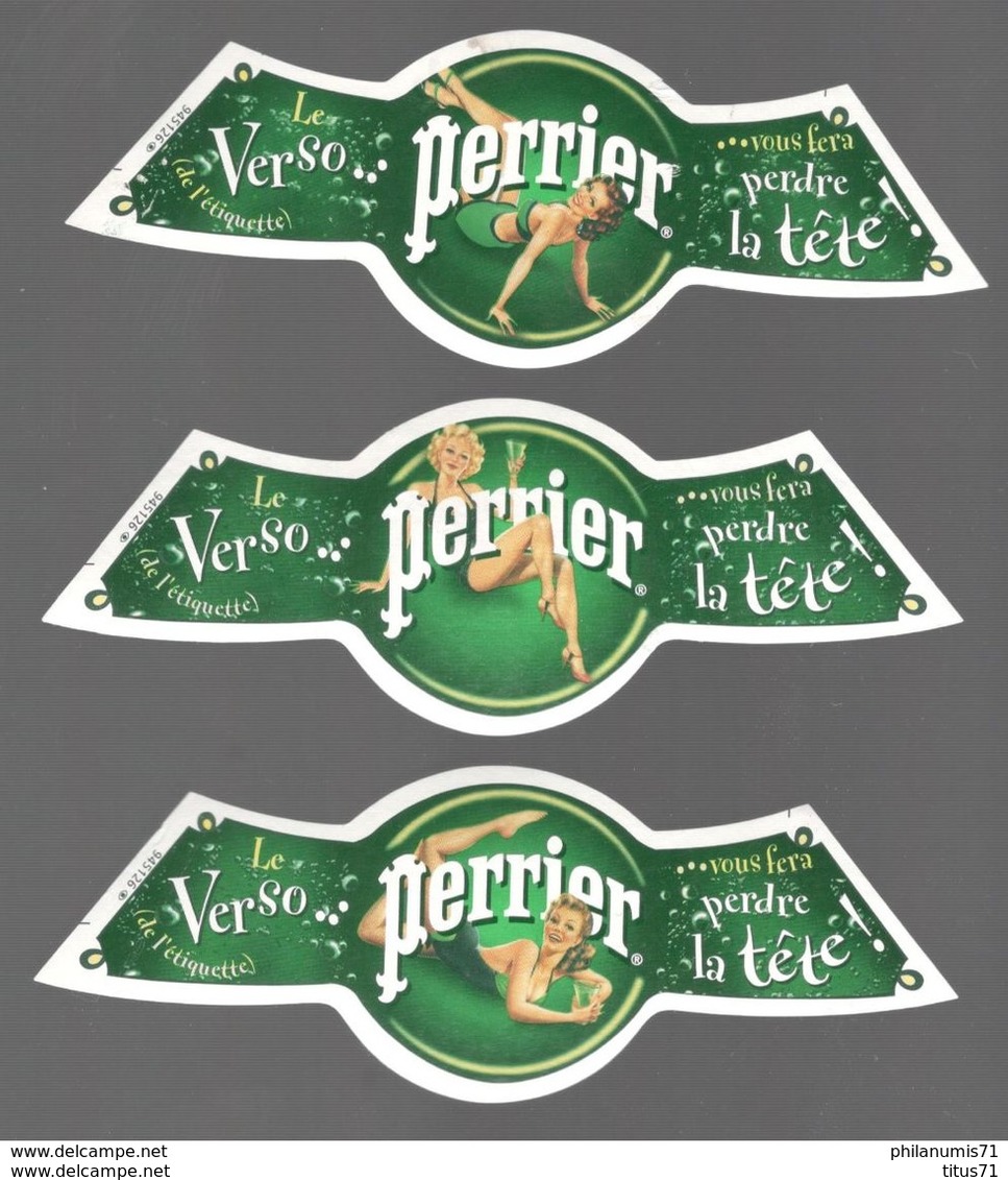 Lot De 3 Etiquettes Pin'Up Perrier - Le Verso De L'étiquette Vous Fera Perdre Le Tête - Etat Neuf - Perrier