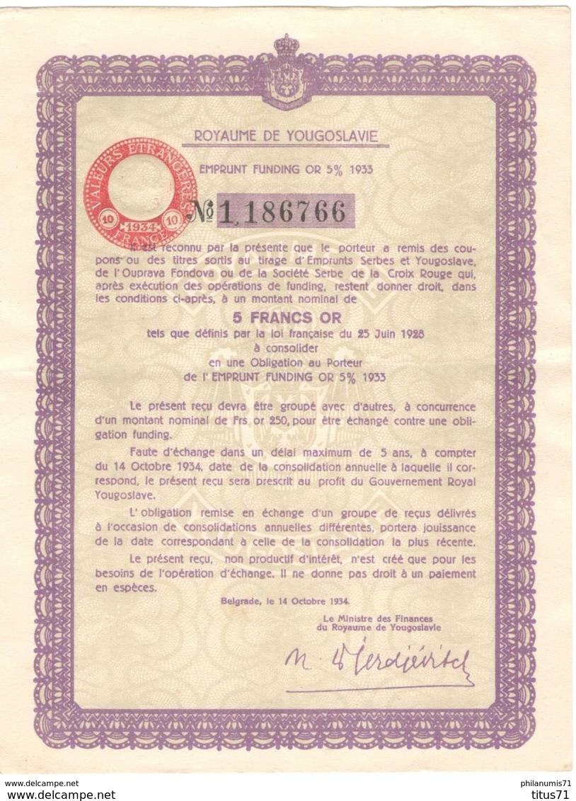 Souscription De 5 Francs Or Aux Emprunts à L'emprunt Du Royaume De Yougoslavie 1933 - Banque & Assurance