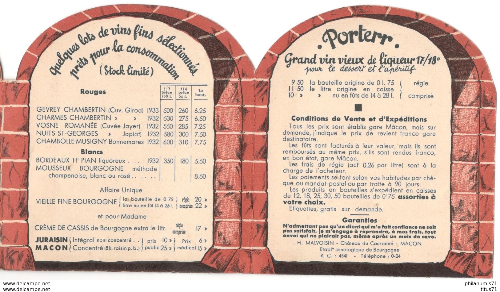 Publicité Et Tarif De Vins De Bourgogne - H Malvoisin - Chateau De Couronné - Macon 1934 - Andere & Zonder Classificatie