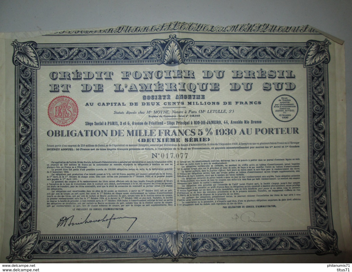 Obligation De 1000 Francs - Crédit Foncier Du Brésil Et De L'Amérique Du Sud - 1930 - Industrie