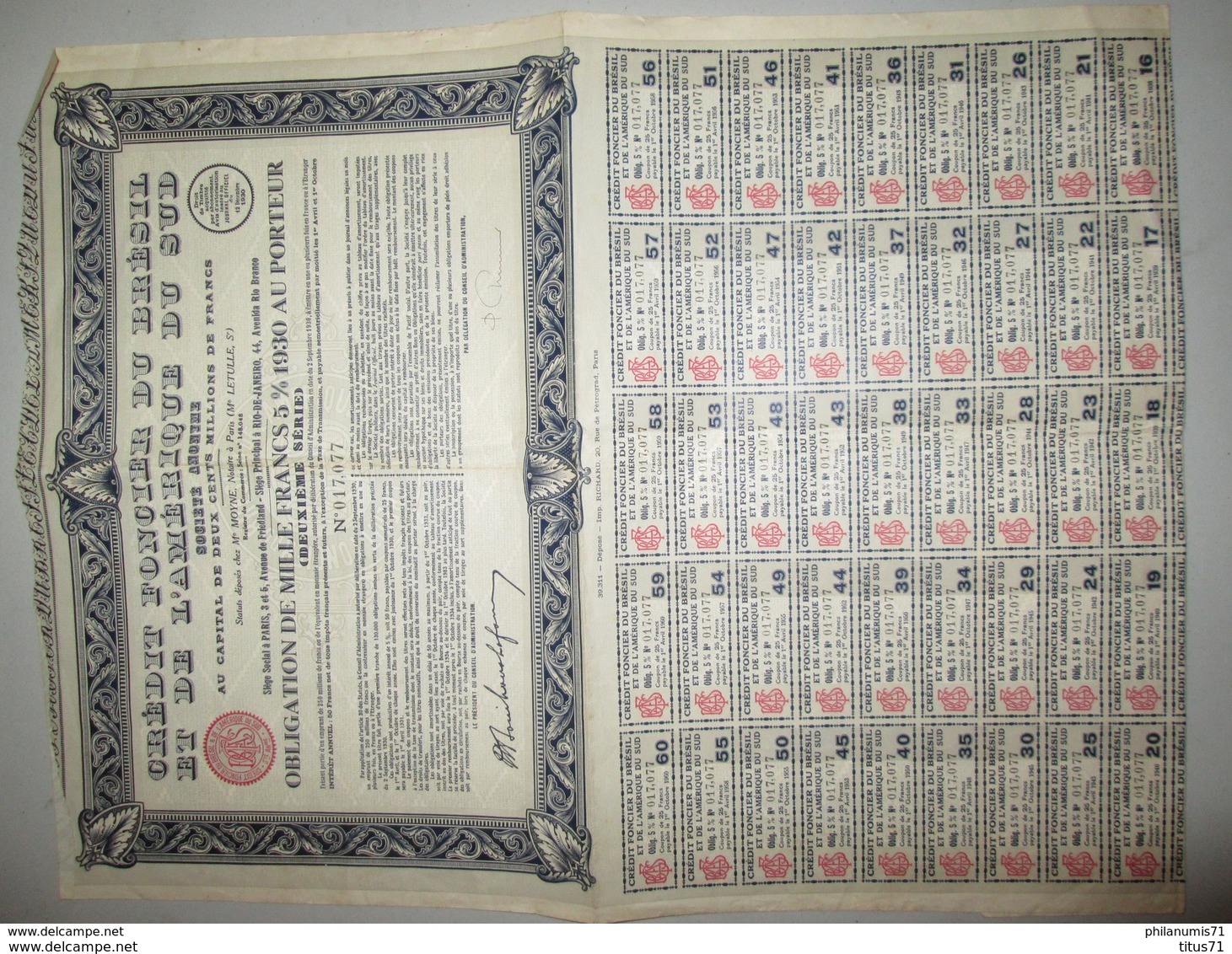 Obligation De 1000 Francs - Crédit Foncier Du Brésil Et De L'Amérique Du Sud - 1930 - Industrie