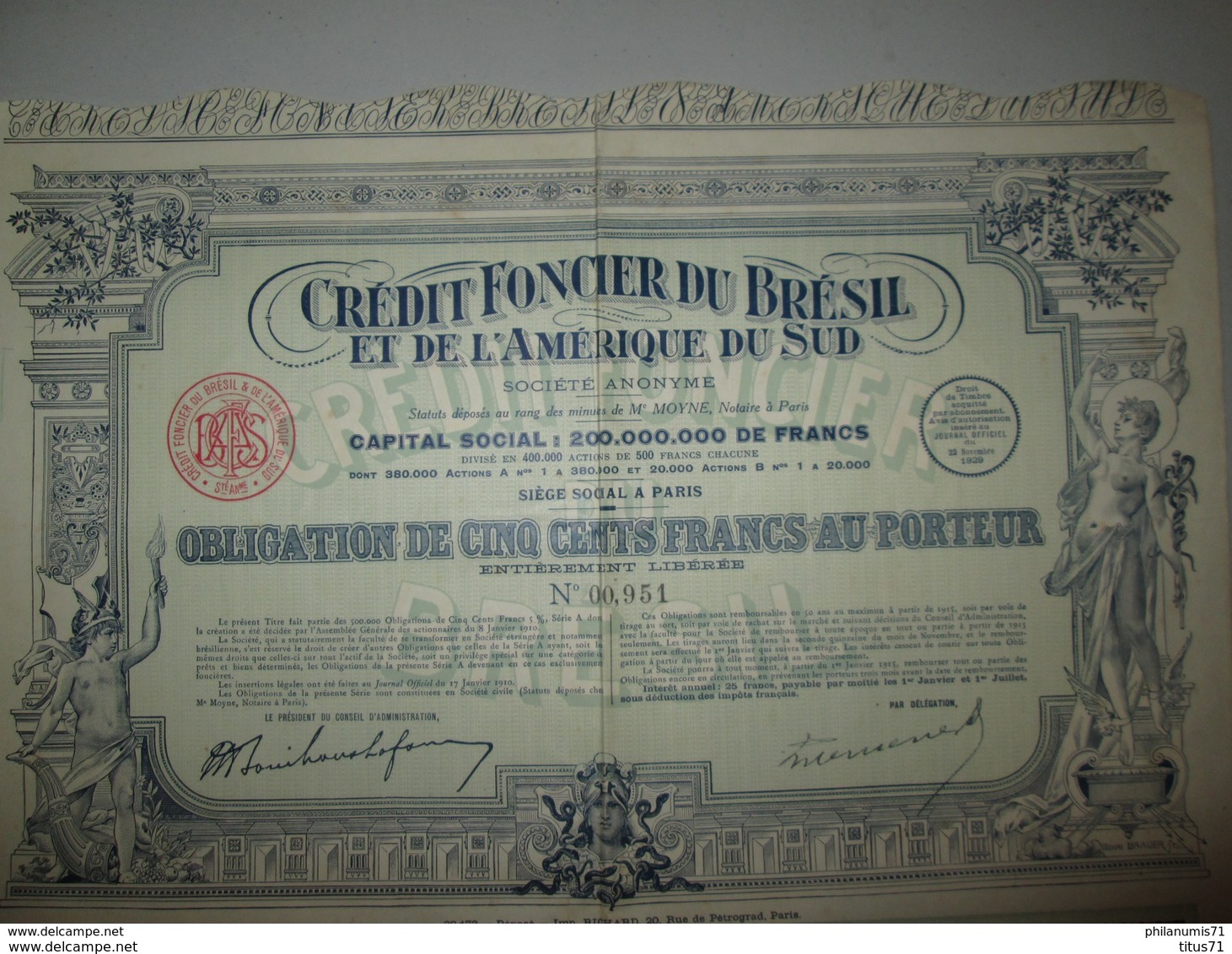 Obligation De 500 Francs - Crédit Foncier Du Brésil Et De L'Amérique Du Sud - 1929 - Industrie