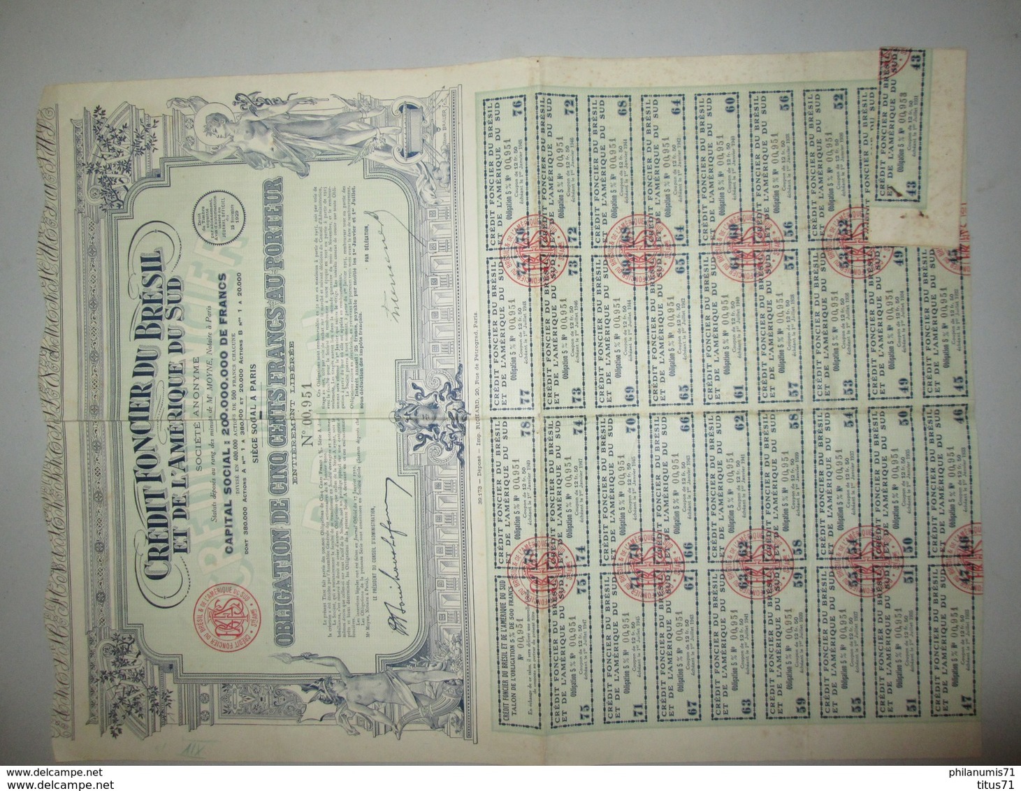 Obligation De 500 Francs - Crédit Foncier Du Brésil Et De L'Amérique Du Sud - 1929 - Industrie