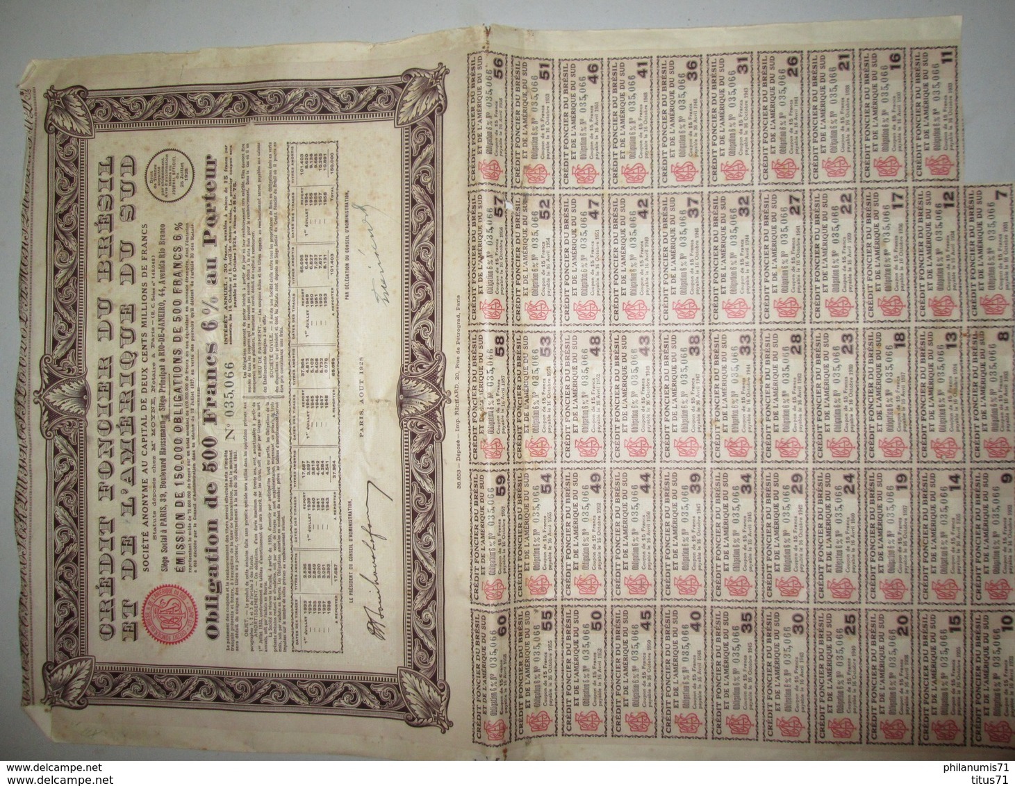 Obligation De 500 Francs - Crédit Foncier Du Brésil Et De L'Amérique Du Sud - 1928 - Industry