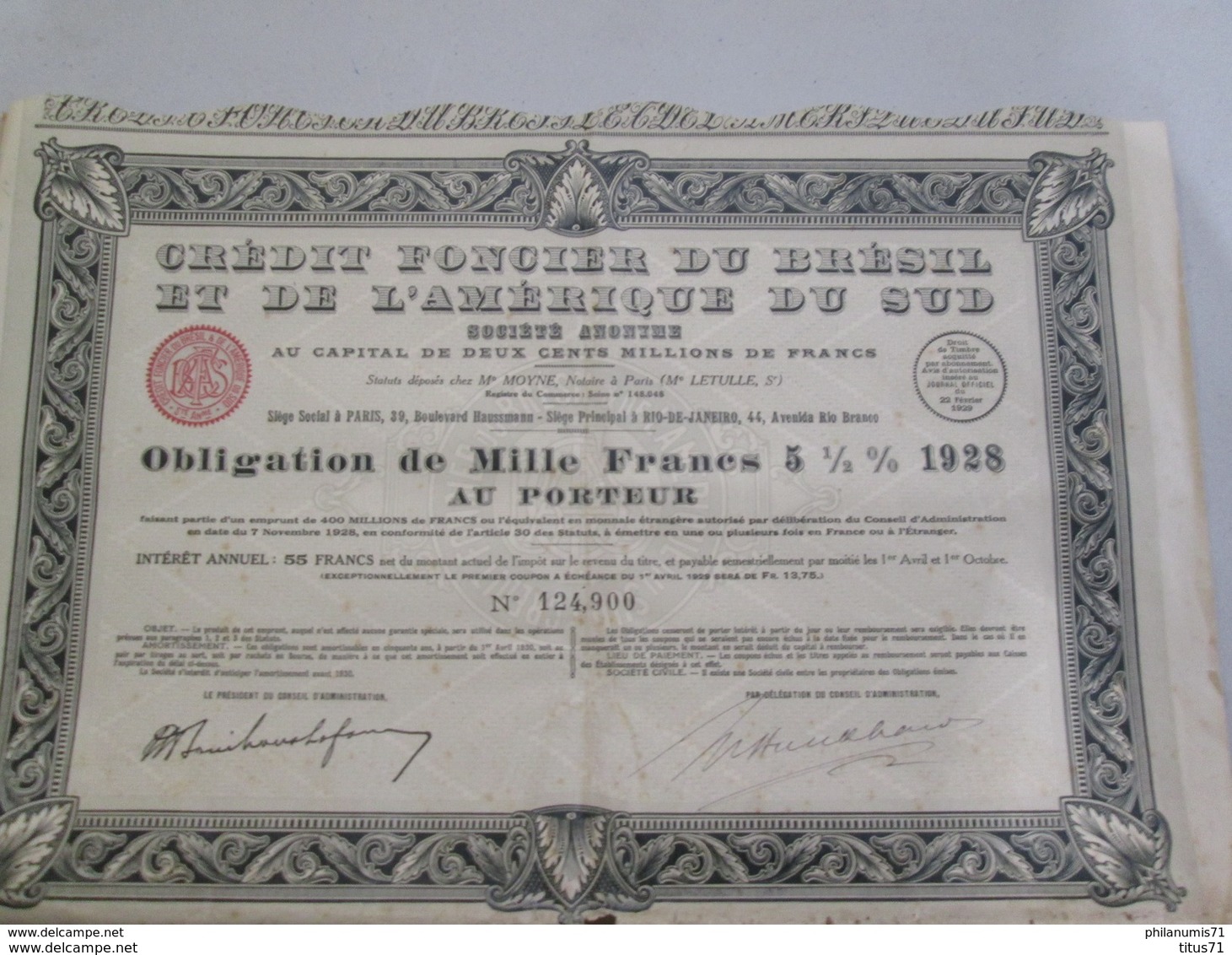 Obligation De Mille Francs - Crédit Foncier Du Brésil Et De L'Amérique Du Sud - 1928 - Industrie