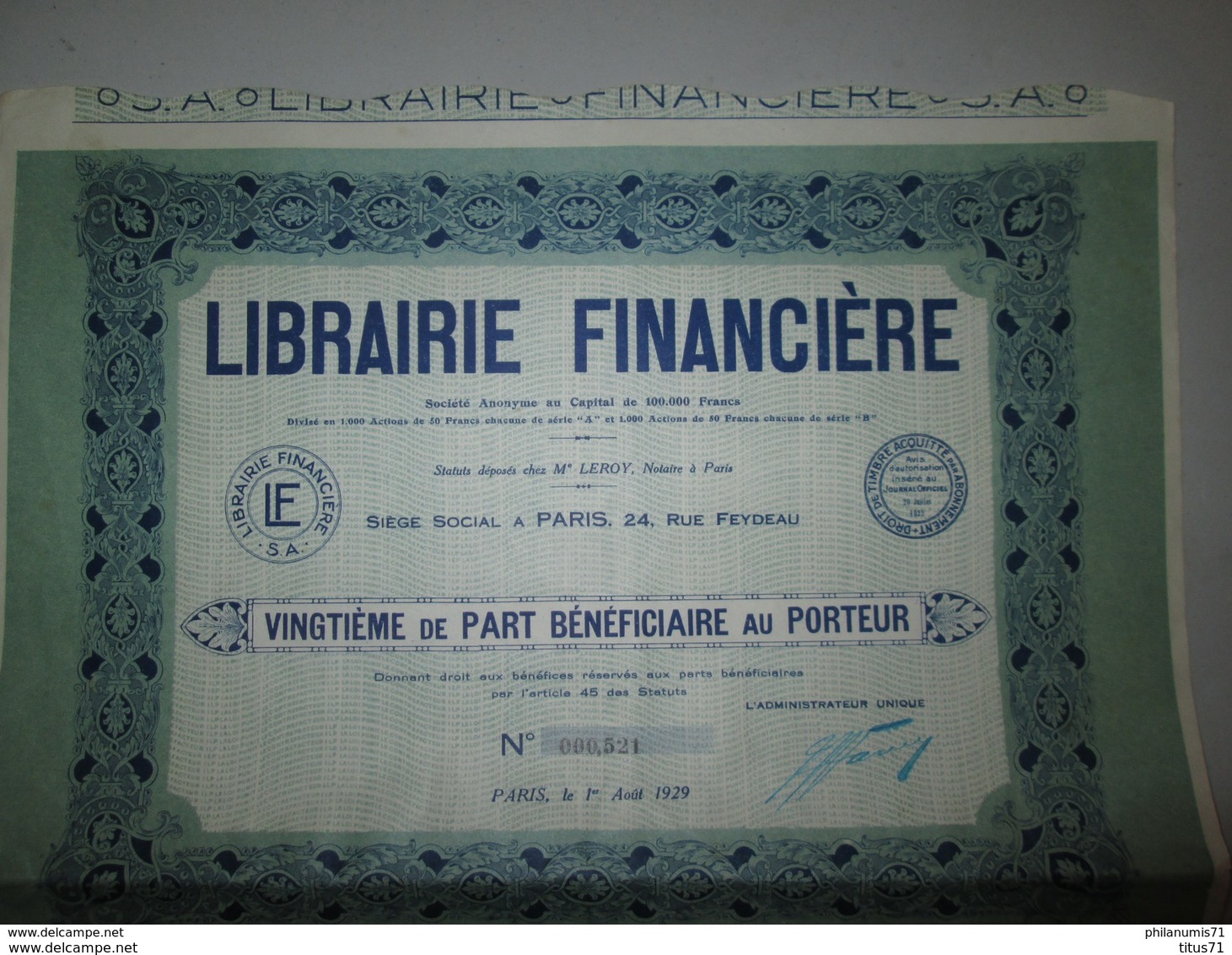 Vingtième De Part Bénéficiaire Au Porteur - Librairie Financière - 1929 - Industrie