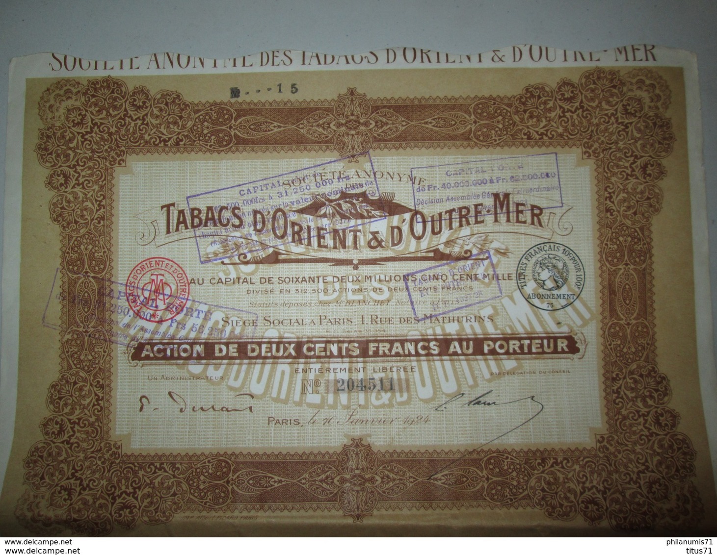 Action De 200 Francs Au Porteur - Tabacs D'Orient Et D'Outre-Mer - 1928 - Agriculture