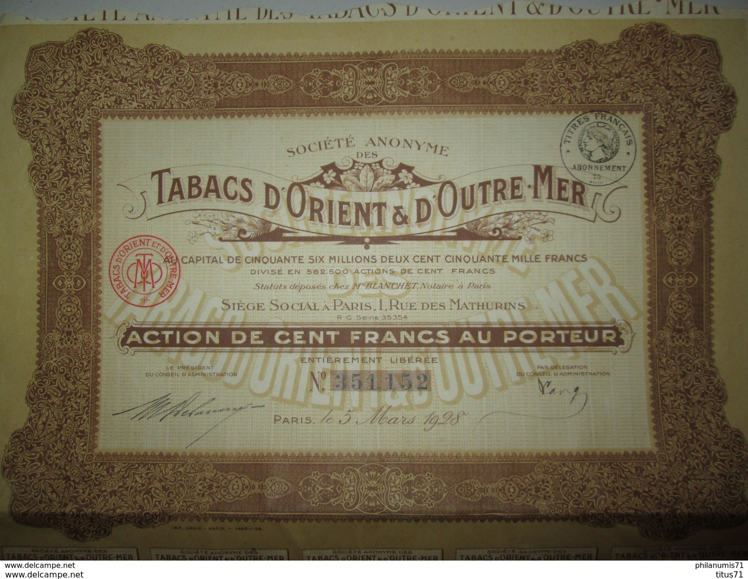 Action De 100 Francs Au Porteur - Tabacs D'Orient Et D'Outre-Mer - 1928 - Agriculture