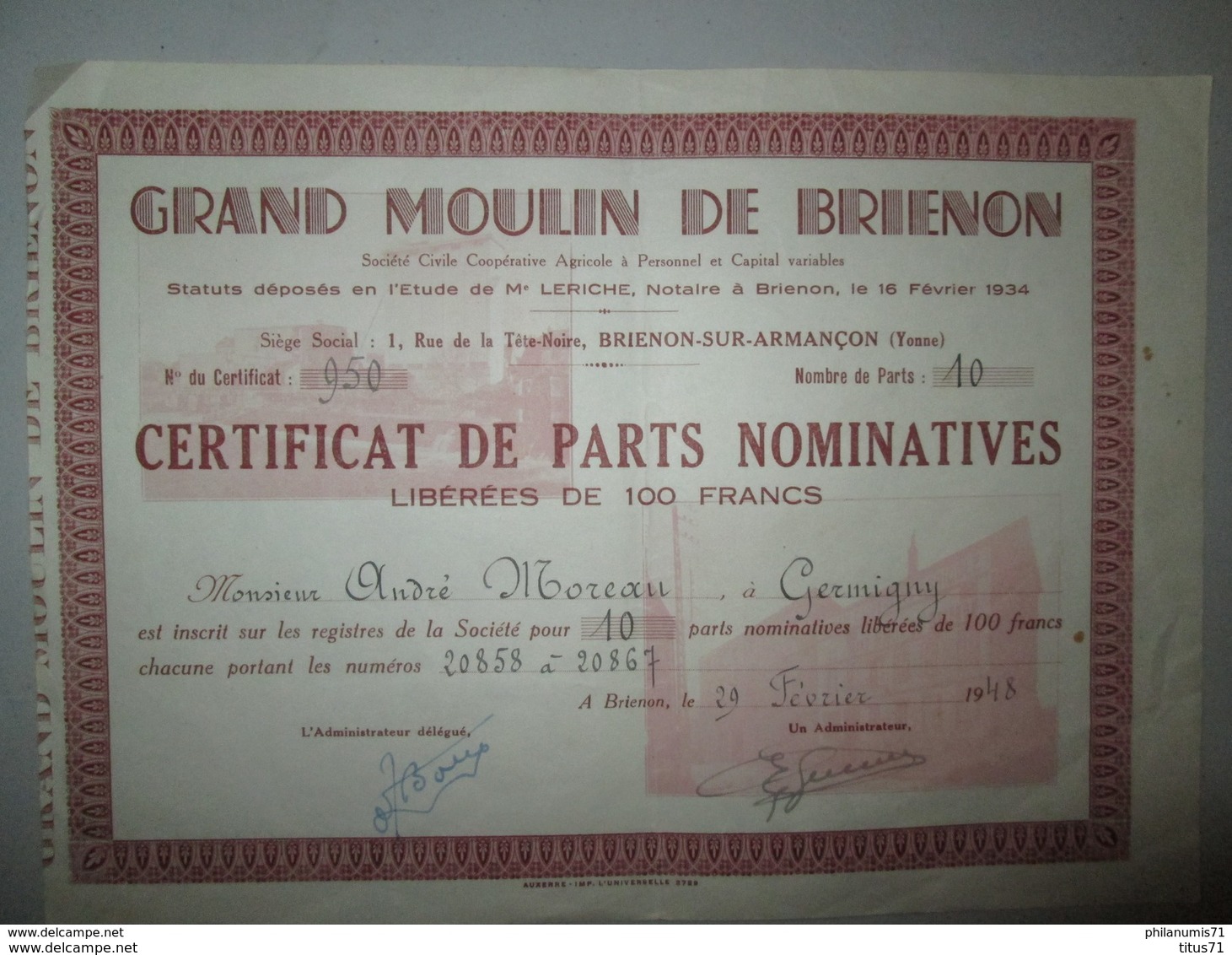 Certficat De Parts Nominatives Libérées De 100 Francs - Grand Moulin De Brienon - 1948 - Automovilismo