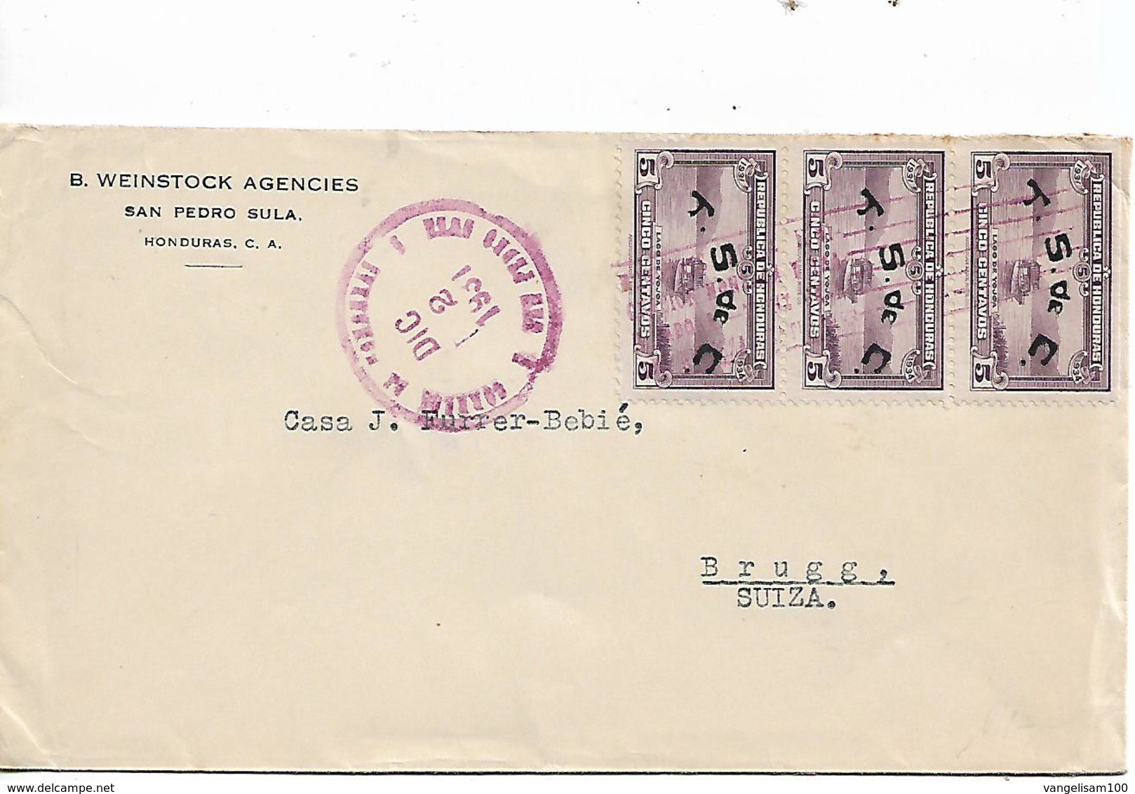 HONDURAS 1931 Cover Sent To Brugg 3 STAMPS COVER USED - Honduras