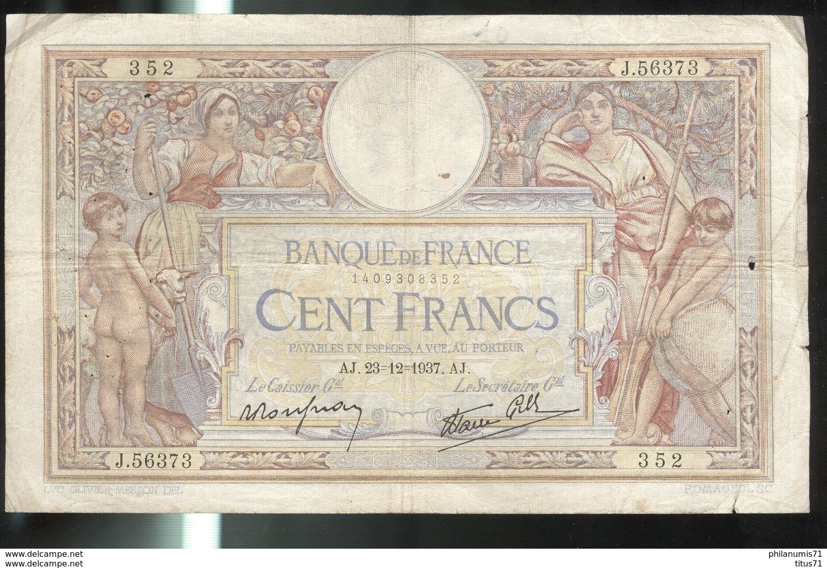 Billet 100 Francs France Merson 23-12-1937 - 100 F 1908-1939 ''Luc Olivier Merson''