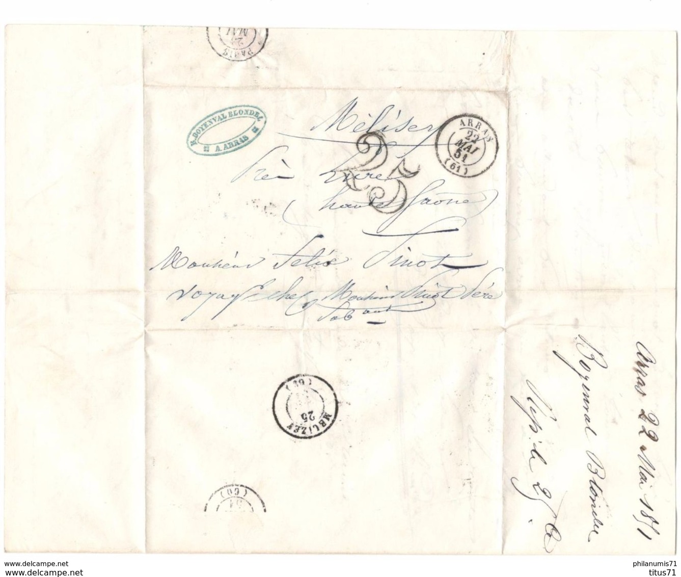 Marcophilie - Lettre De Arras à Mélisey Via Paris - 1851 - Tampon Taxe 25 - 1849-1876: Période Classique